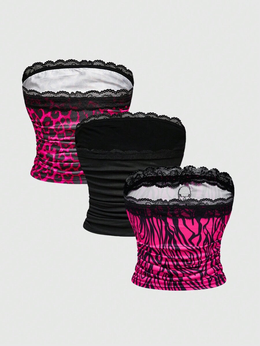 Hot pink strapless crop top set featuring contrast lace trim, ruched detailing, and rhinestone decor.