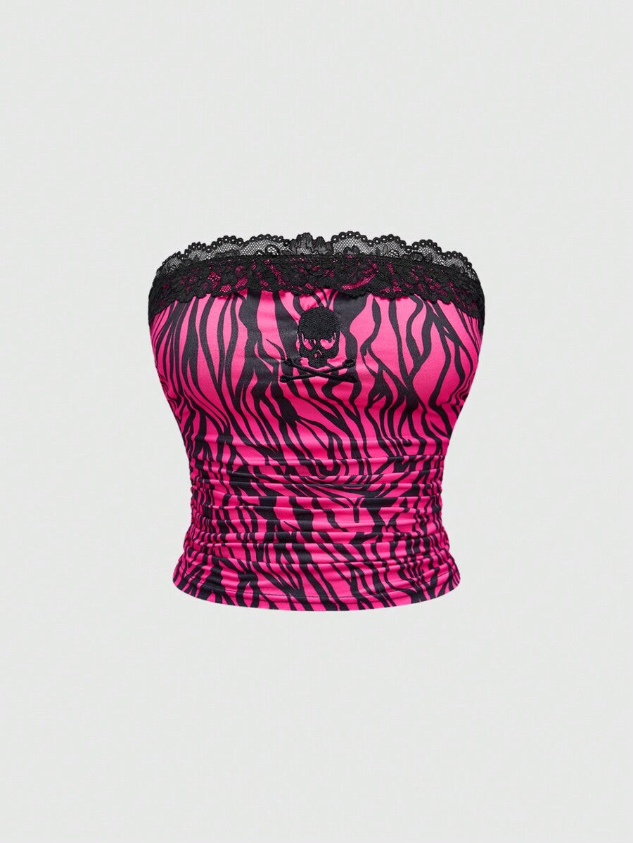 Hot pink strapless crop top set featuring contrast lace trim, ruched detailing, and rhinestone decor.