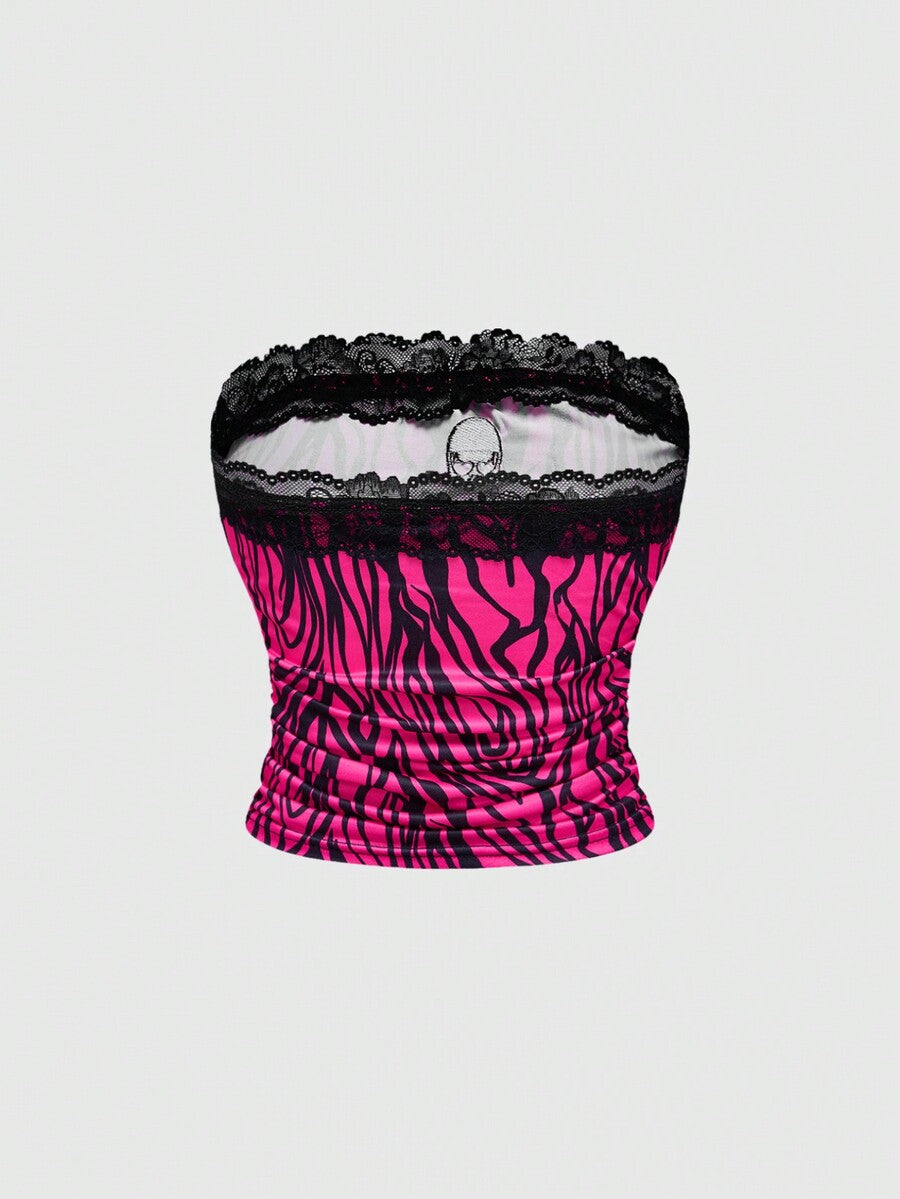 Hot pink strapless crop top set featuring contrast lace trim, ruched detailing, and rhinestone decor.