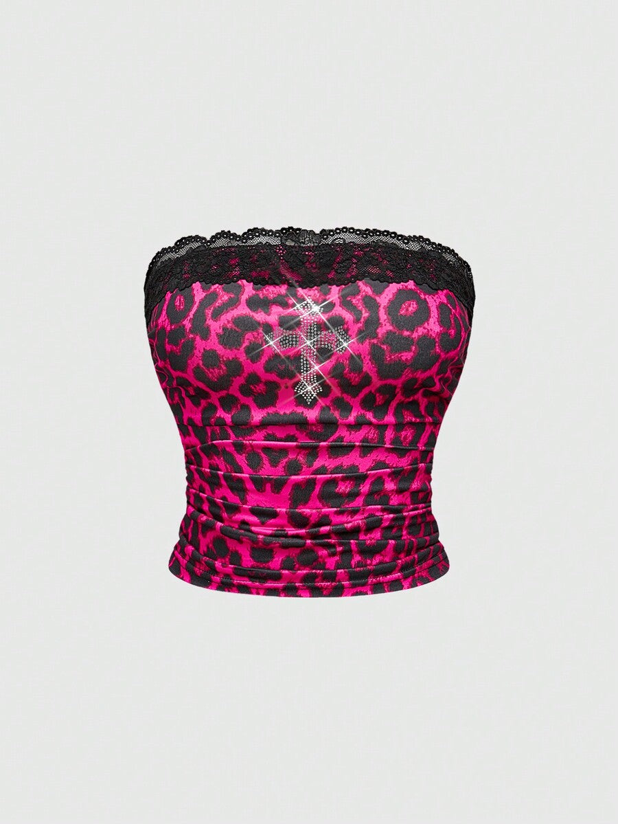 Hot pink strapless crop top set featuring contrast lace trim, ruched detailing, and rhinestone decor.