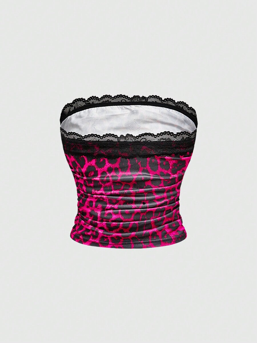 Hot pink strapless crop top set featuring contrast lace trim, ruched detailing, and rhinestone decor.