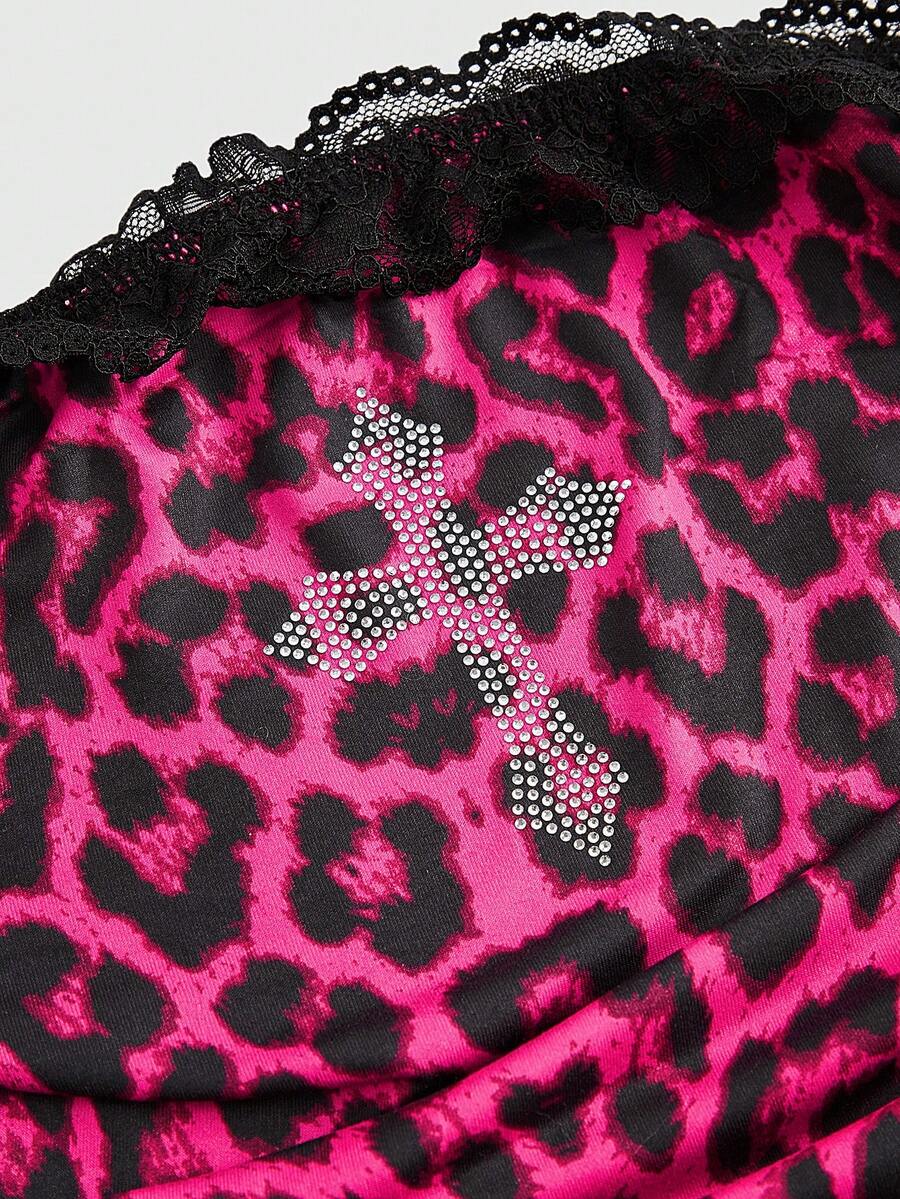 Hot pink strapless crop top set featuring contrast lace trim, ruched detailing, and rhinestone decor.
