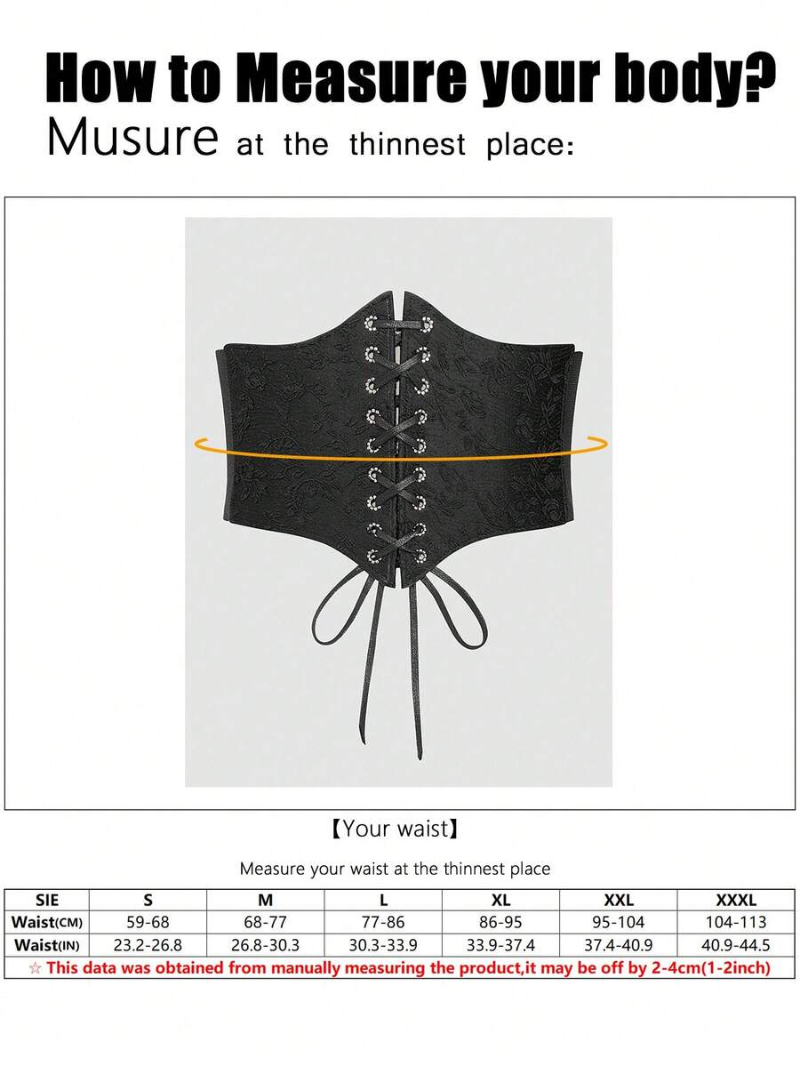 Black lace-up waist cincher with grommet eyelets, baroque pattern, medium stretch, and wide belt design for women.