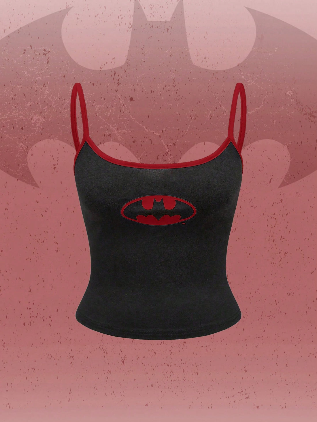 Black ribbed cropped cami top featuring a white bat graphic print on the front with spaghetti straps and contrast binding trim.