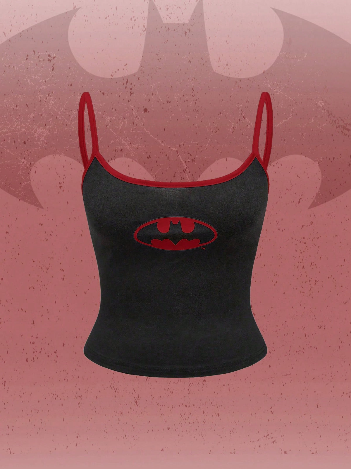 Black ribbed cropped cami top featuring a white bat graphic print on the front with spaghetti straps and contrast binding trim.