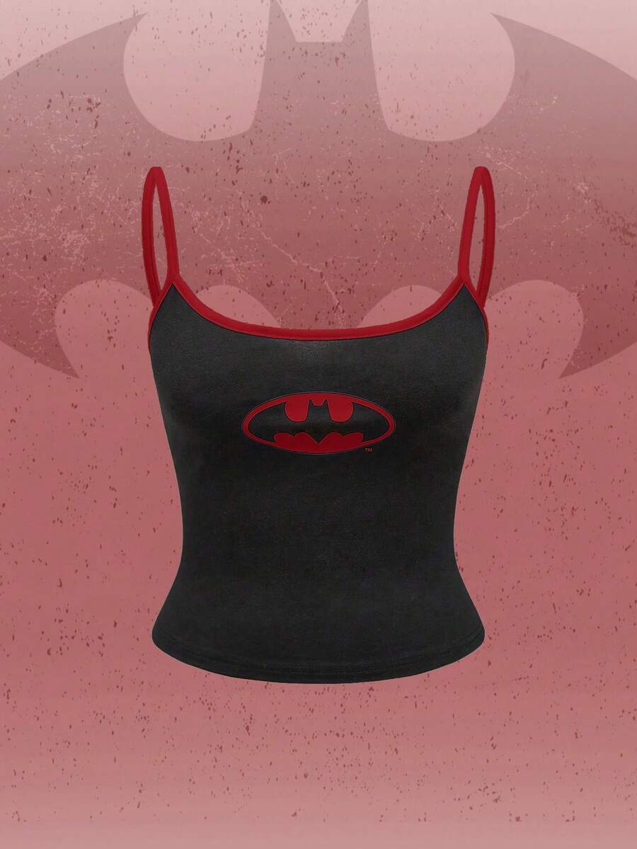 Black ribbed cropped cami top featuring a white bat graphic print on the front with spaghetti straps and contrast binding trim.