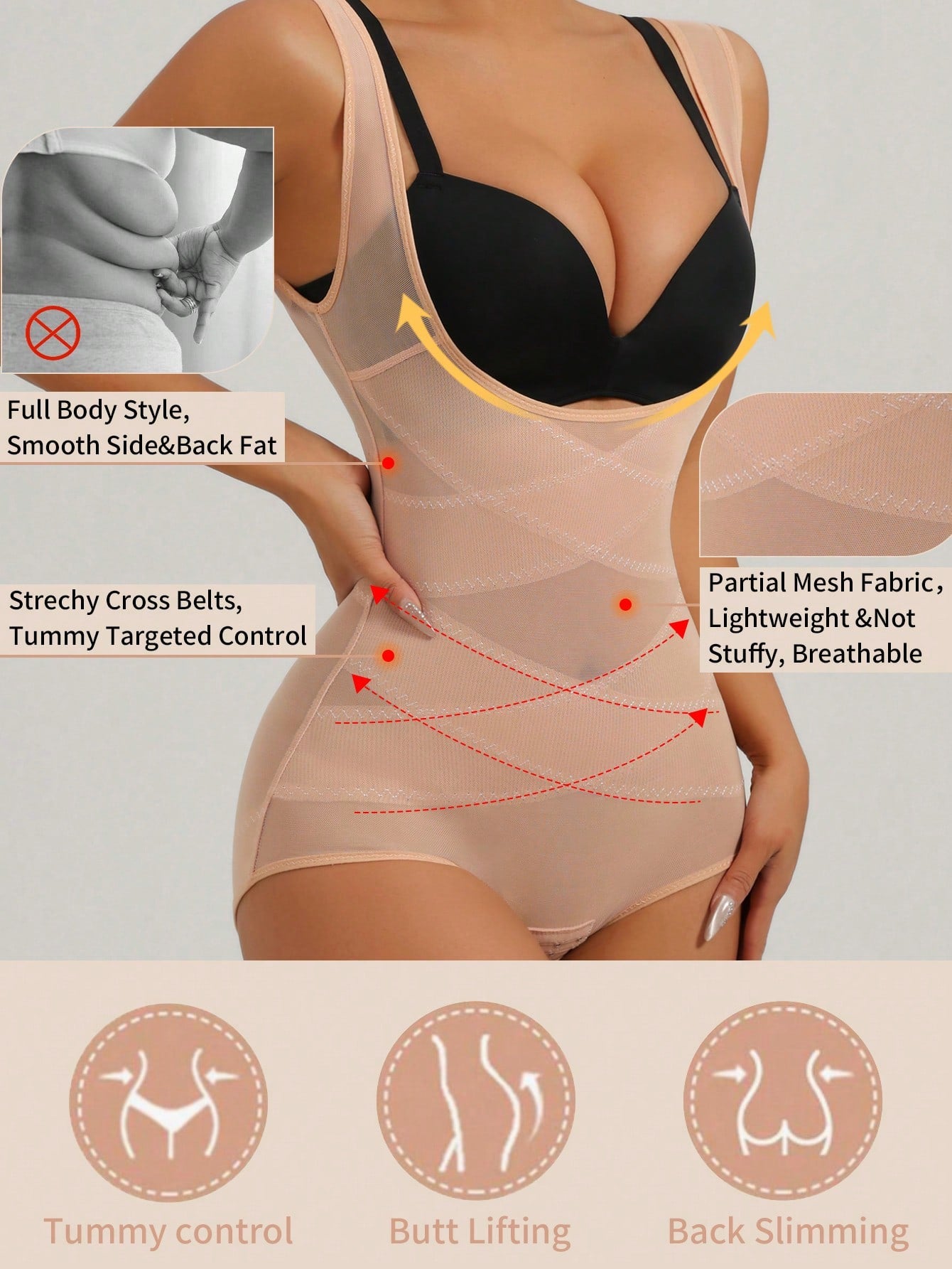Apricot semi-sheer mesh shapewear bodysuit for women featuring a low-cut neckline, bust support, contrast mesh details, and Bermuda shorts length.