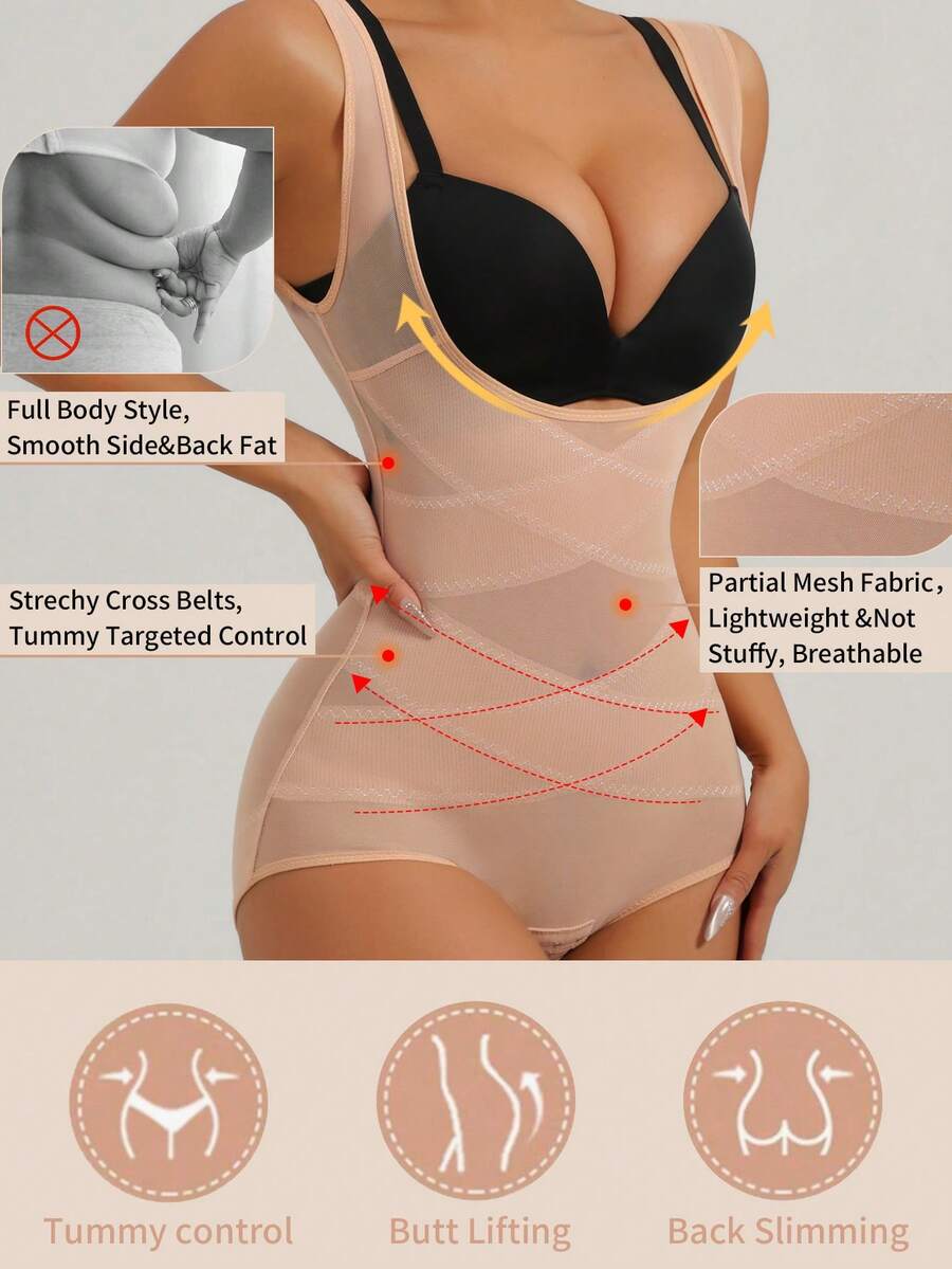 Apricot semi-sheer mesh shapewear bodysuit for women featuring a low-cut neckline, bust support, contrast mesh details, and Bermuda shorts length.