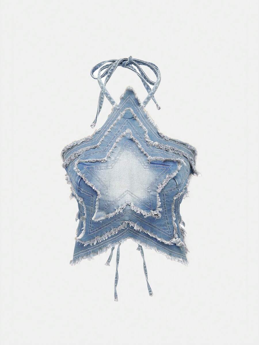 Blue denim halter tank top for women featuring distressed star patch detail, asymmetrical crop hem, and backless tie-back design.