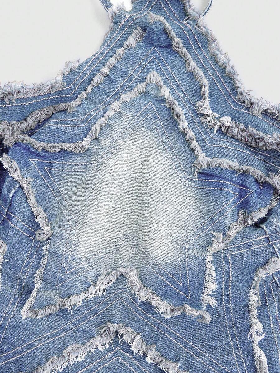 Blue denim halter tank top for women featuring distressed star patch detail, asymmetrical crop hem, and backless tie-back design.