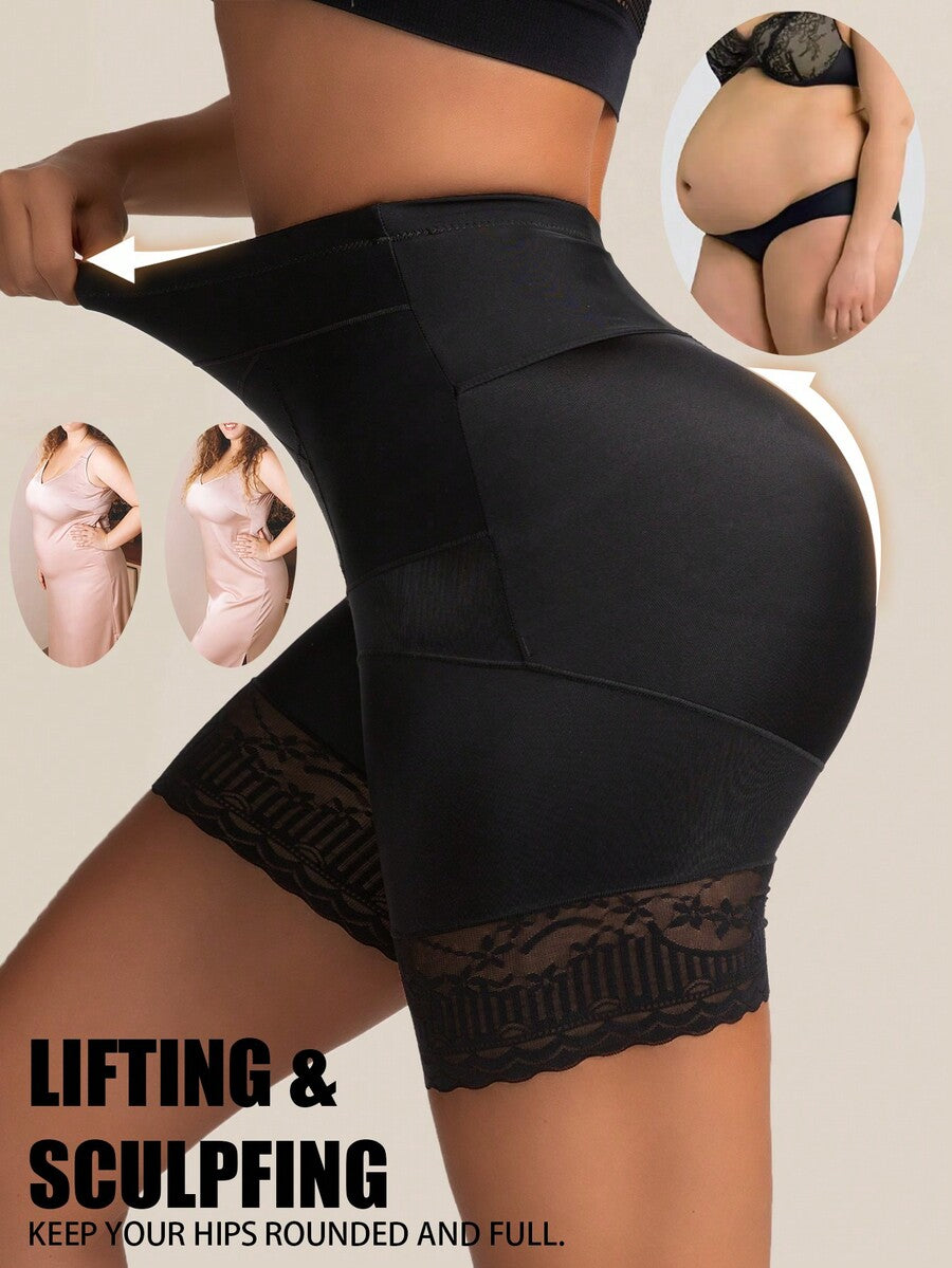 Black seamless high waist shapewear panty for women featuring tummy control, waist slimming design, and delicate contrast lace trim.