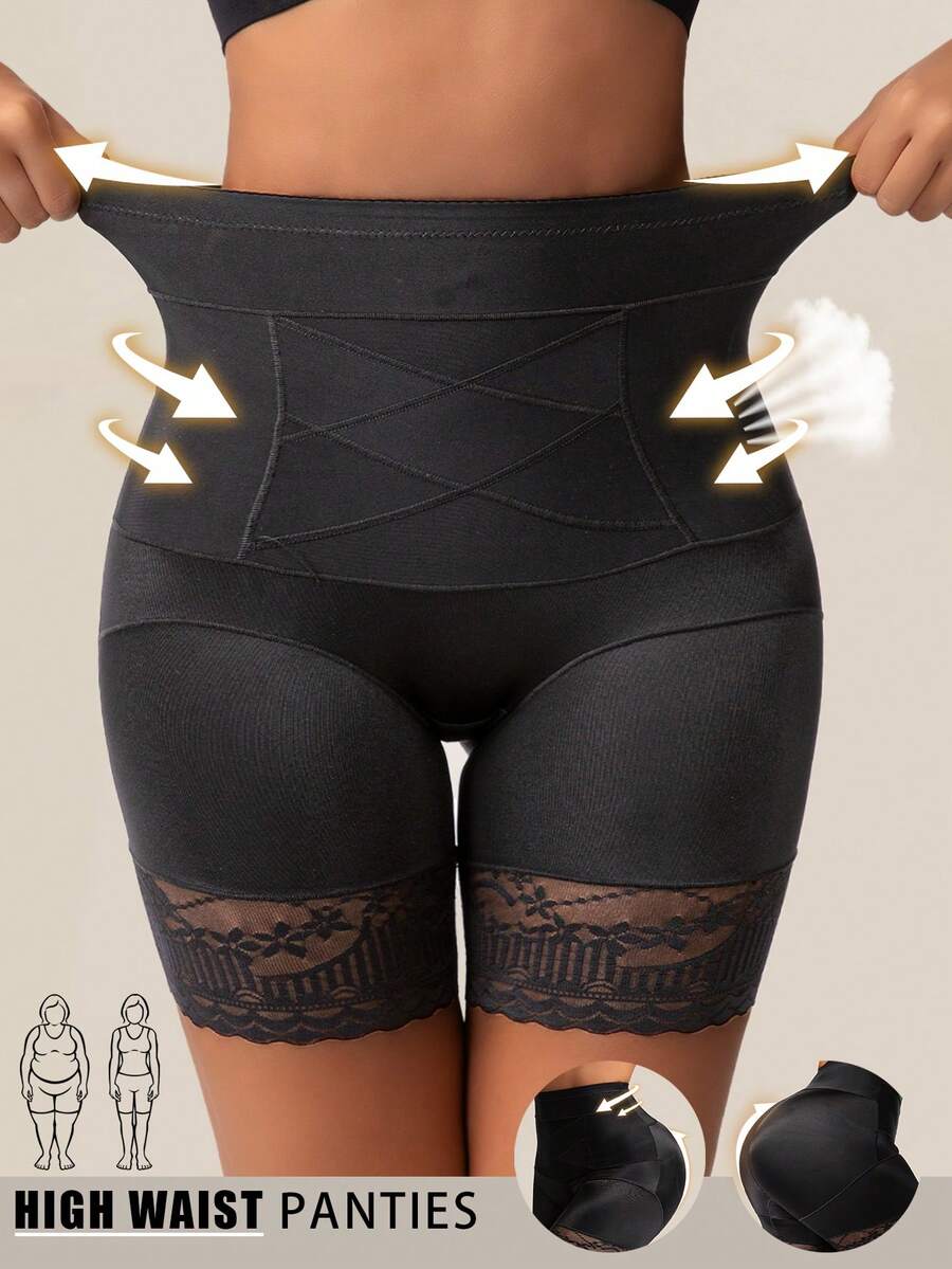 Black seamless high waist shapewear panty for women featuring tummy control, waist slimming design, and delicate contrast lace trim.