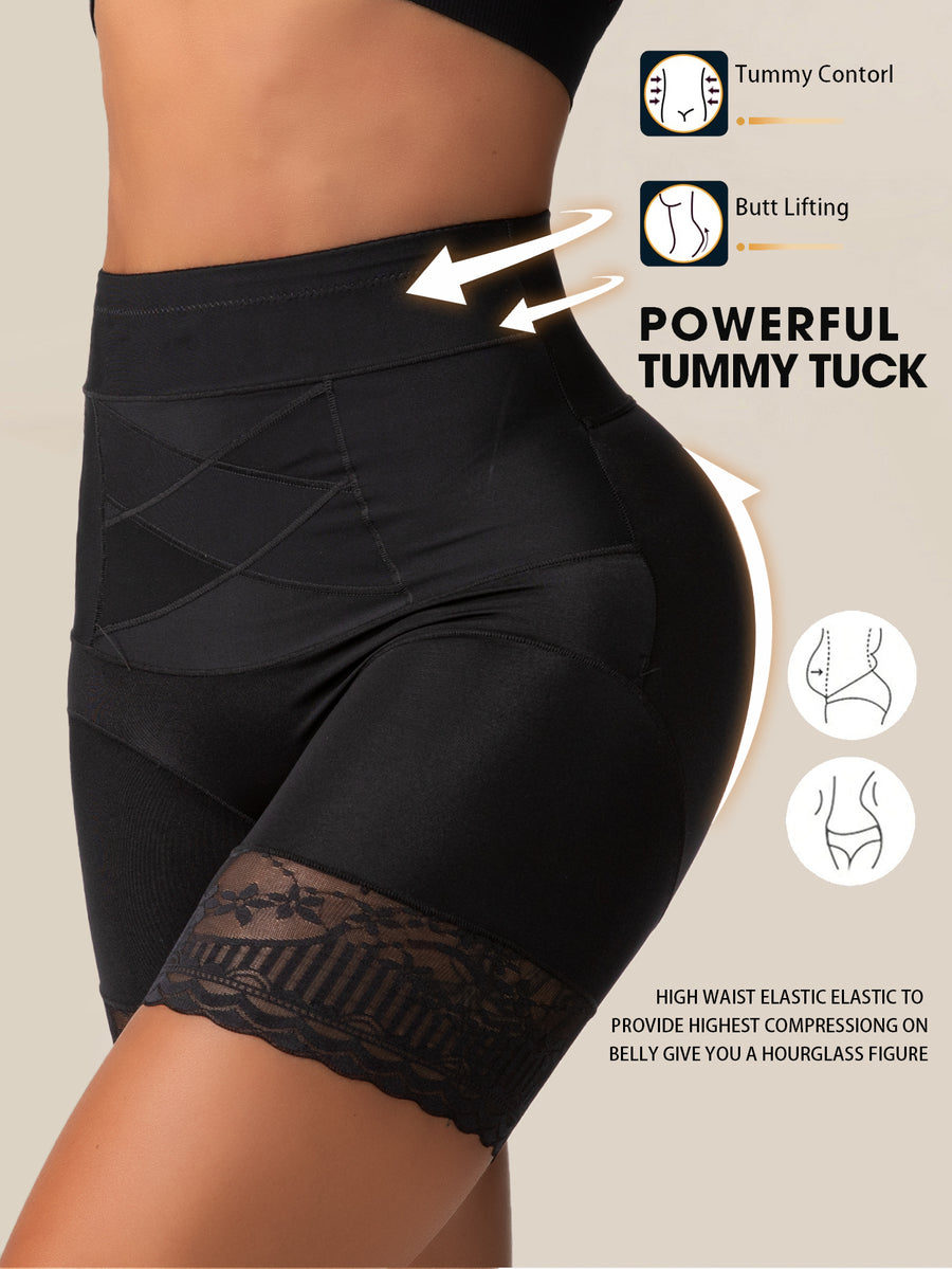 Black seamless high waist shapewear panty for women featuring tummy control, waist slimming design, and delicate contrast lace trim.