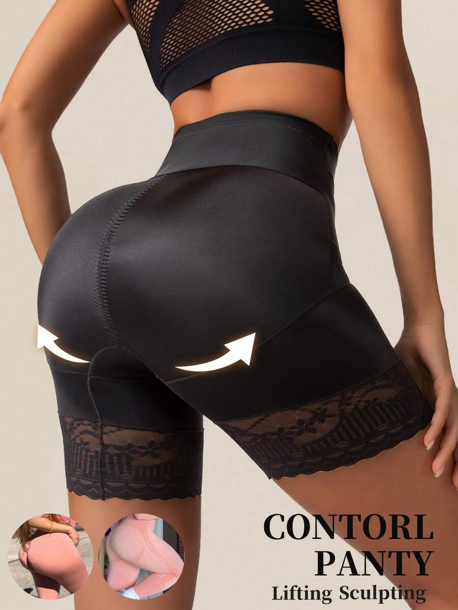 Black seamless high waist shapewear panty for women featuring tummy control, waist slimming design, and delicate contrast lace trim.