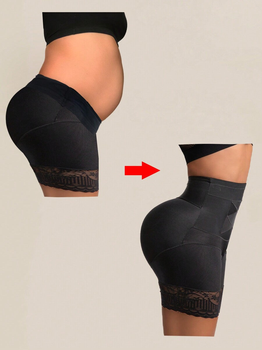 Black seamless high waist shapewear panty for women featuring tummy control, waist slimming design, and delicate contrast lace trim.