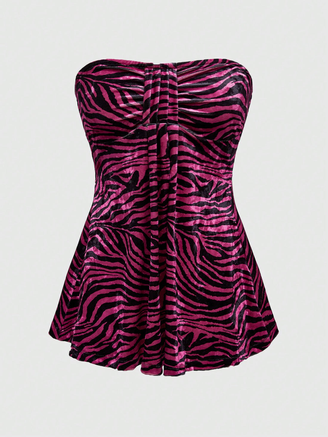 Women's hot pink ruched strapless tube top with flared hem and slim fit