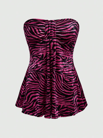 Women's hot pink ruched strapless tube top with flared hem and slim fit