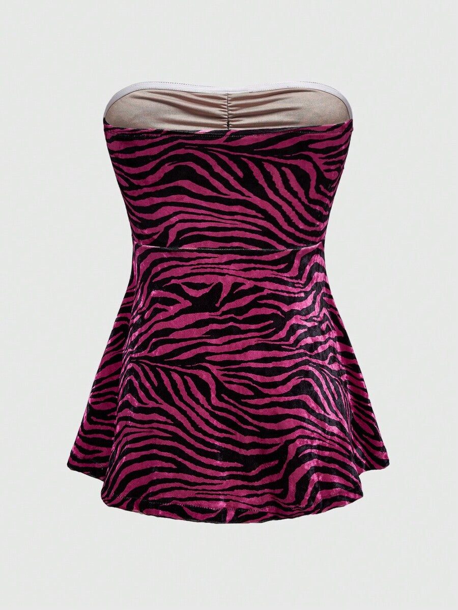 Women's hot pink ruched strapless tube top with flared hem and slim fit