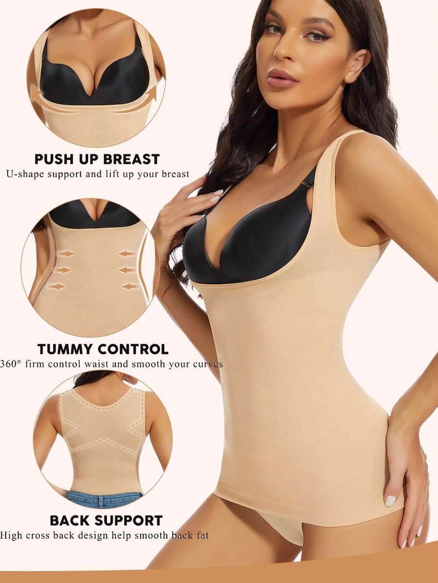 Women's shapewear compression tank top vest featuring wireless bust support and body shaping fit