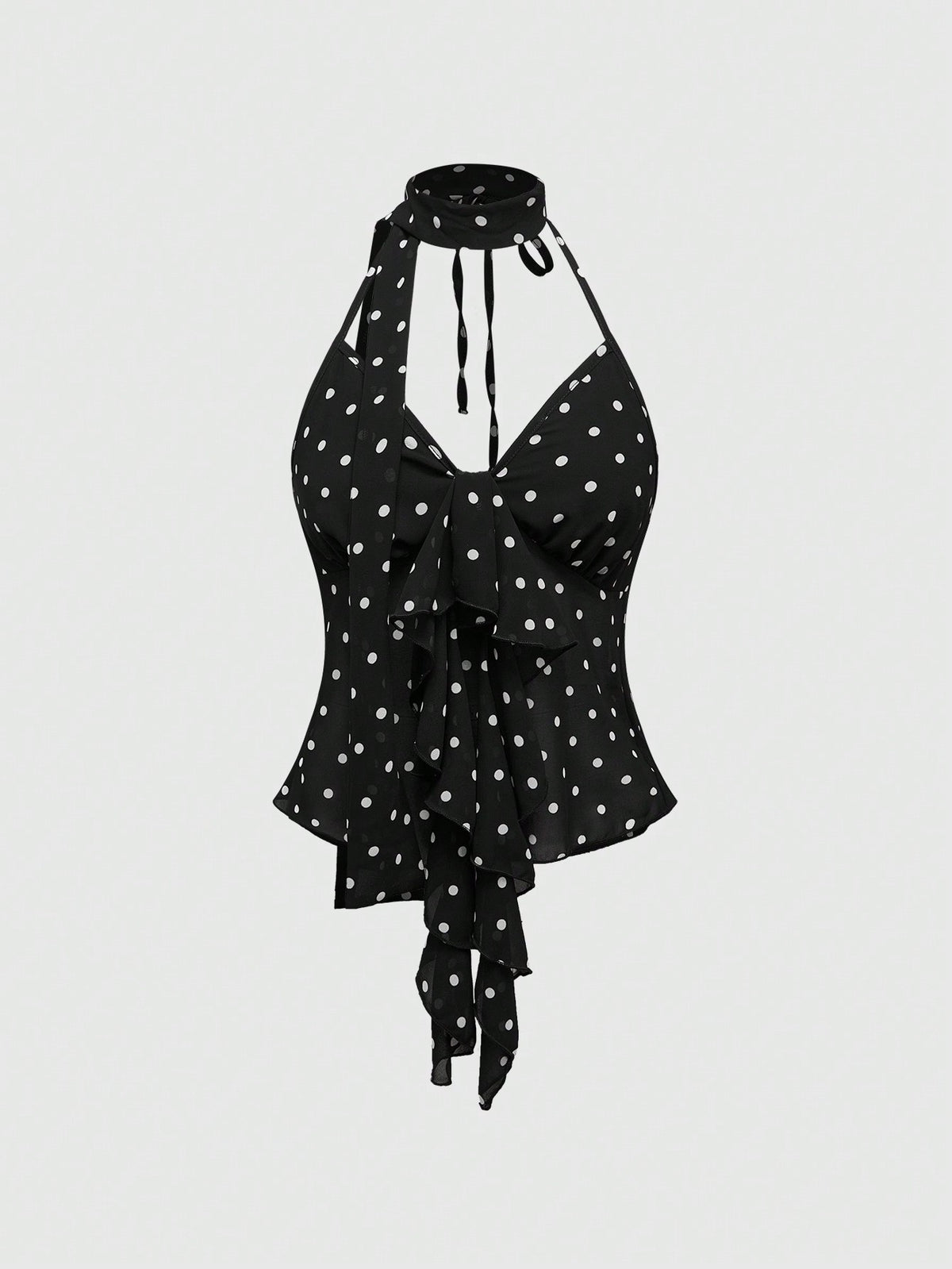 Black halter crop top featuring an asymmetrical ruffle hem and backless design for women.