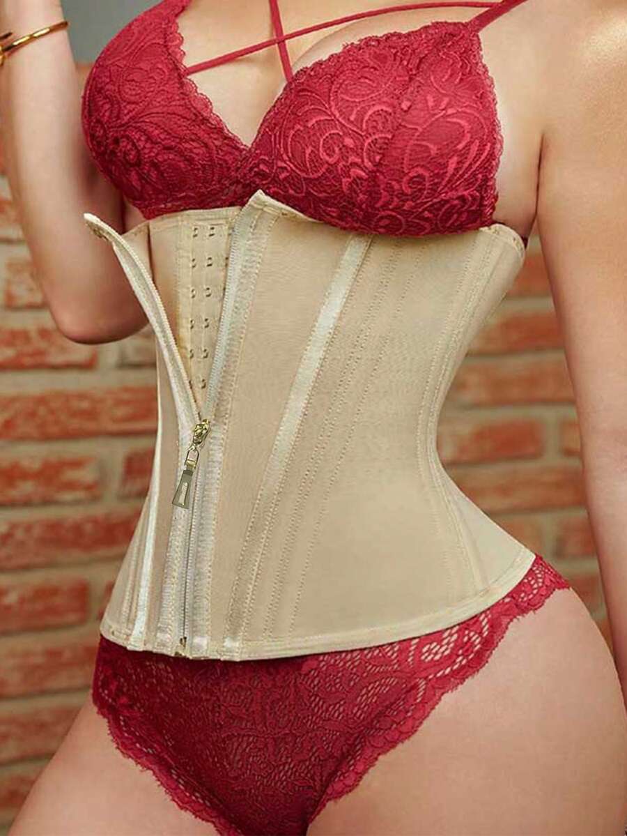 Women's latex waist trainer body shaper featuring zipper front closure and strong tummy support.