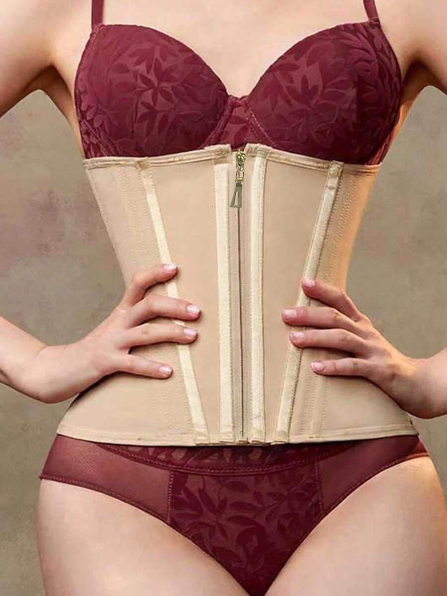 Women's latex waist trainer body shaper featuring zipper front closure and strong tummy support.
