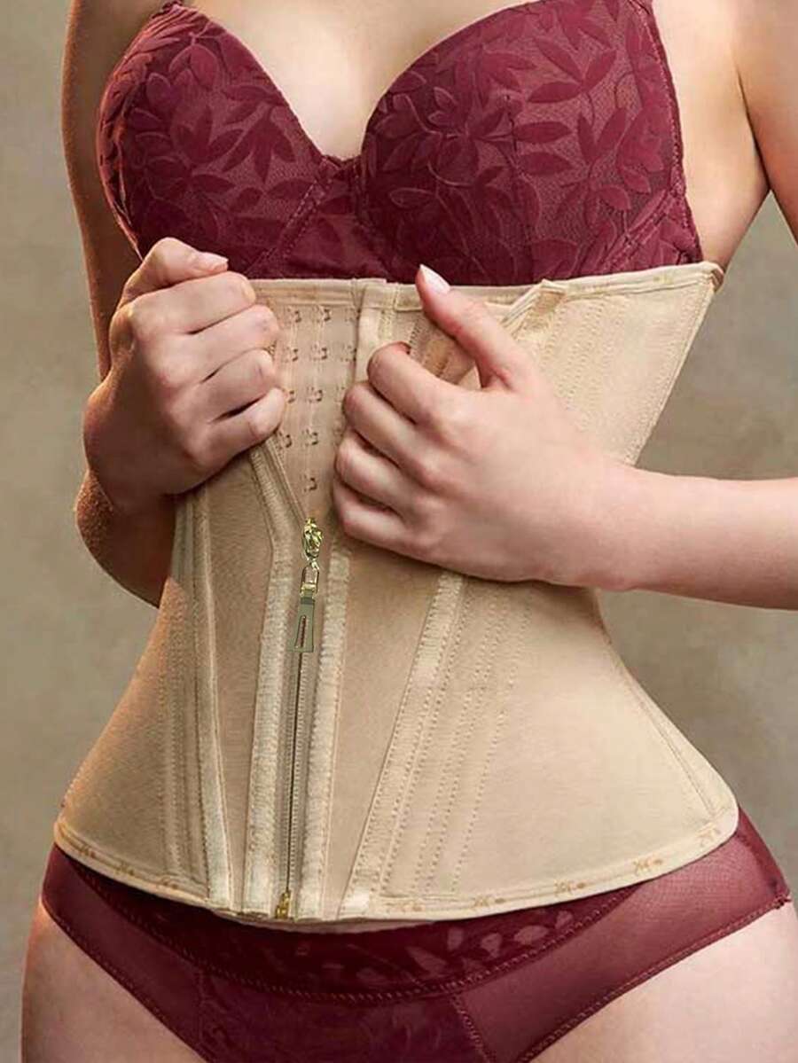 Women's latex waist trainer body shaper featuring zipper front closure and strong tummy support.