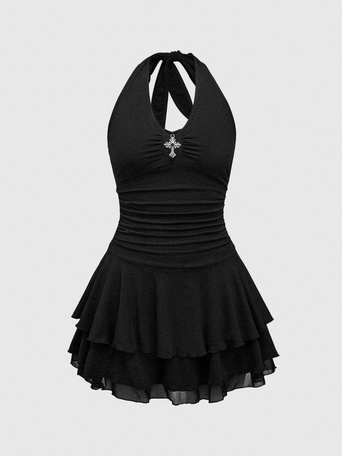 Front view of women's black sleeveless halter mini dress featuring a backless slim fit silhouette and tiered ruffle hem.