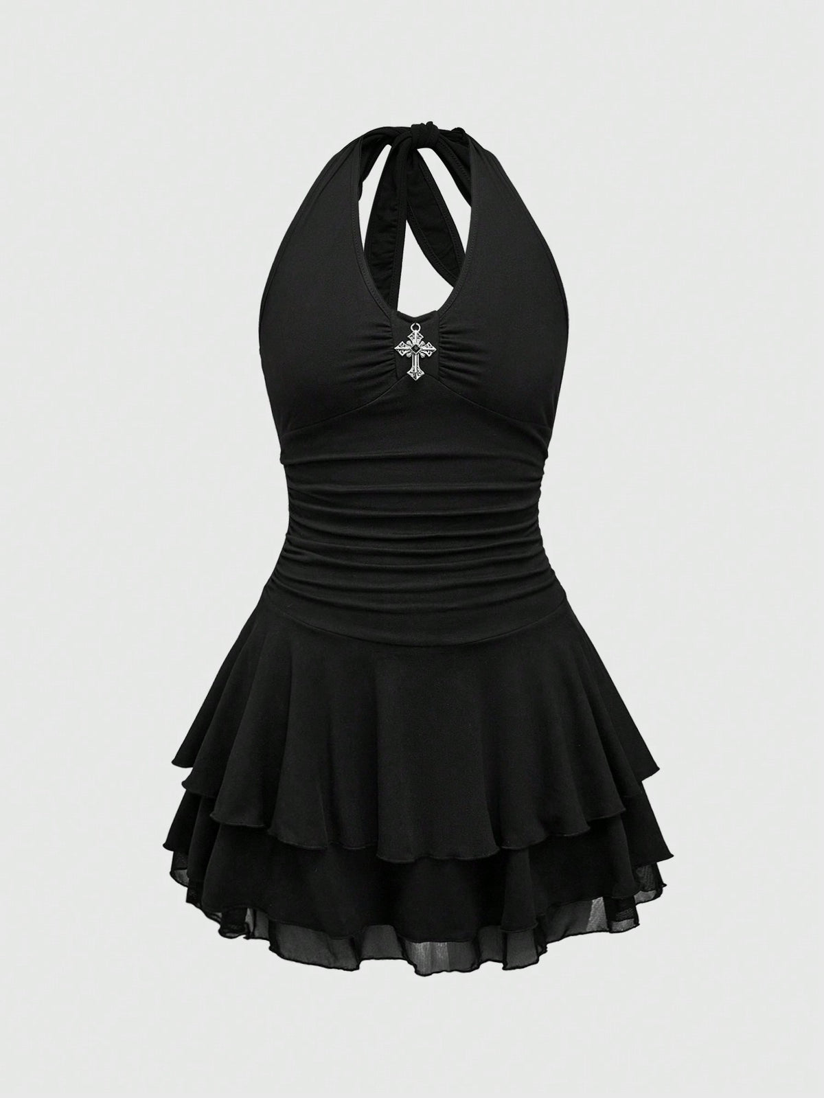 Front view of women's black sleeveless halter mini dress featuring a backless slim fit silhouette and tiered ruffle hem.