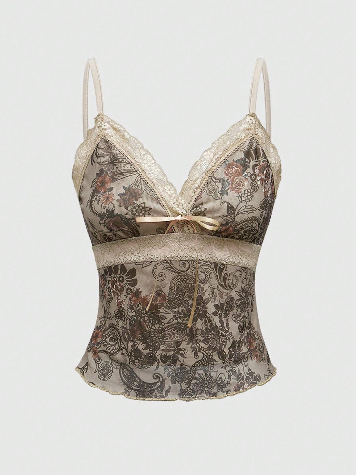 A women's sleeveless crop camisole featuring a vintage paisley print design with delicate lace trim along the neckline and thin spaghetti straps.