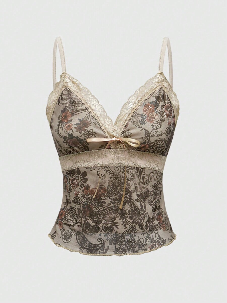 A women's sleeveless crop camisole featuring a vintage paisley print design with delicate lace trim along the neckline and thin spaghetti straps.