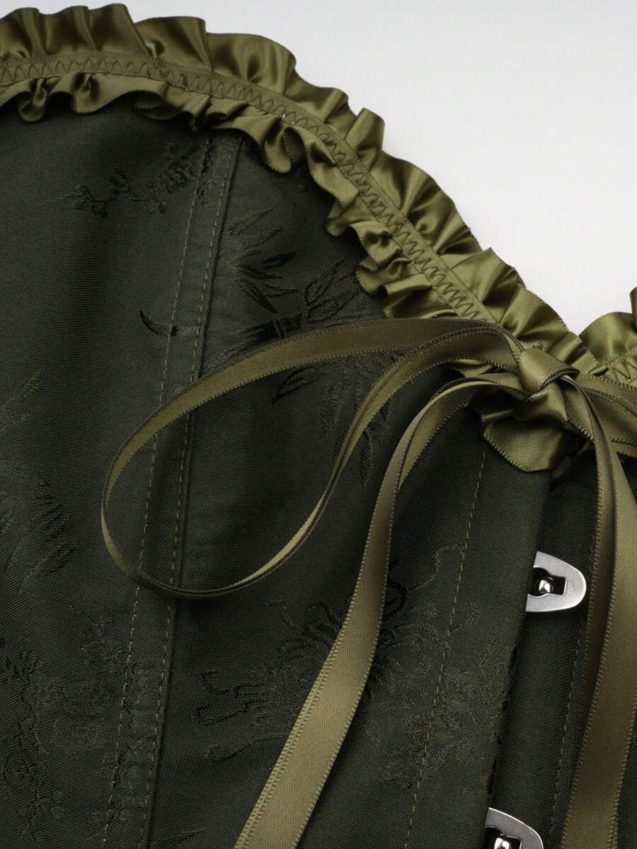 Women’s strapless corset bustier top with front button detail, lace-up back, frill accents, slim fit, and asymmetrical hem.