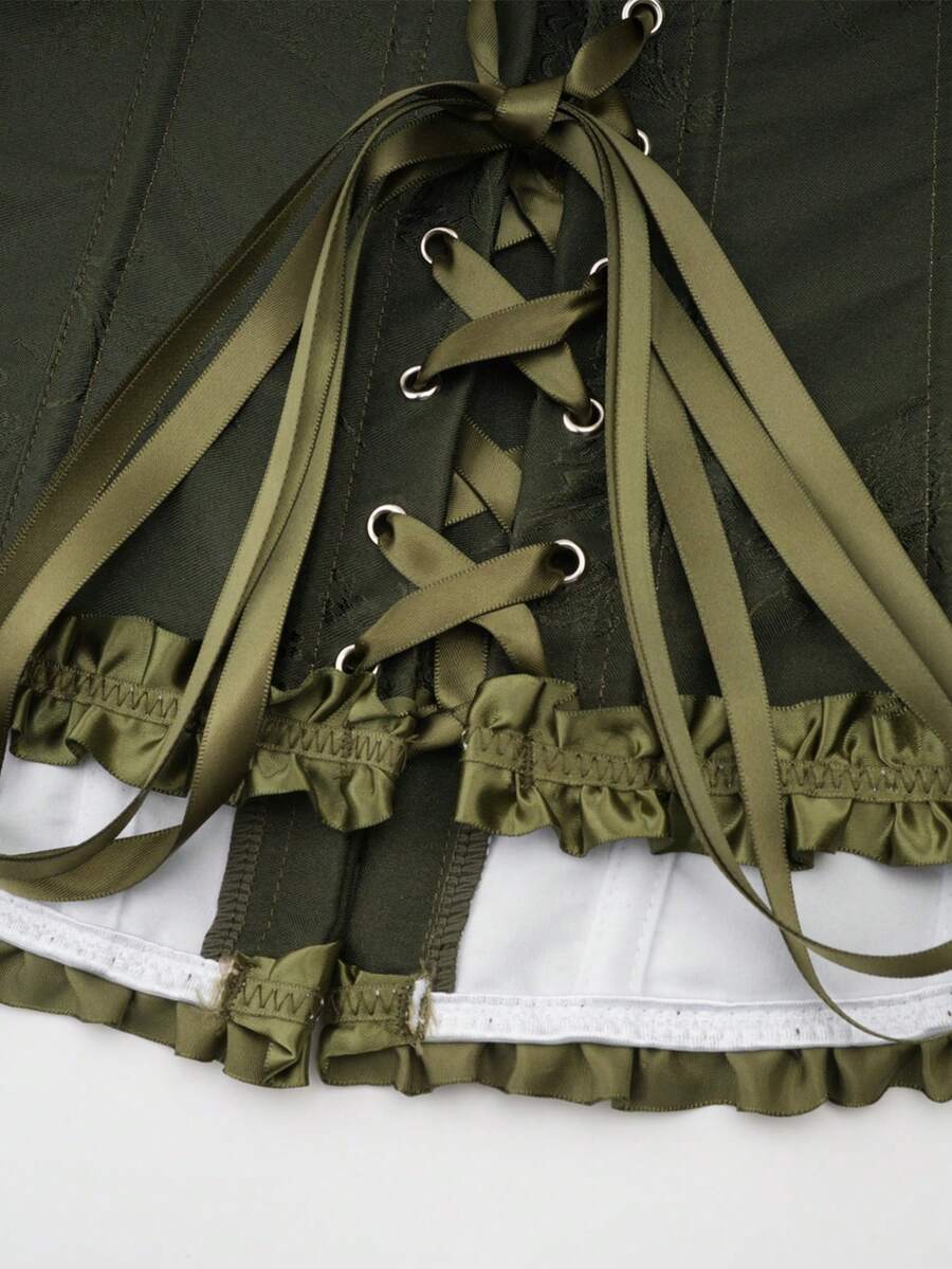 Women’s strapless corset bustier top with front button detail, lace-up back, frill accents, slim fit, and asymmetrical hem.