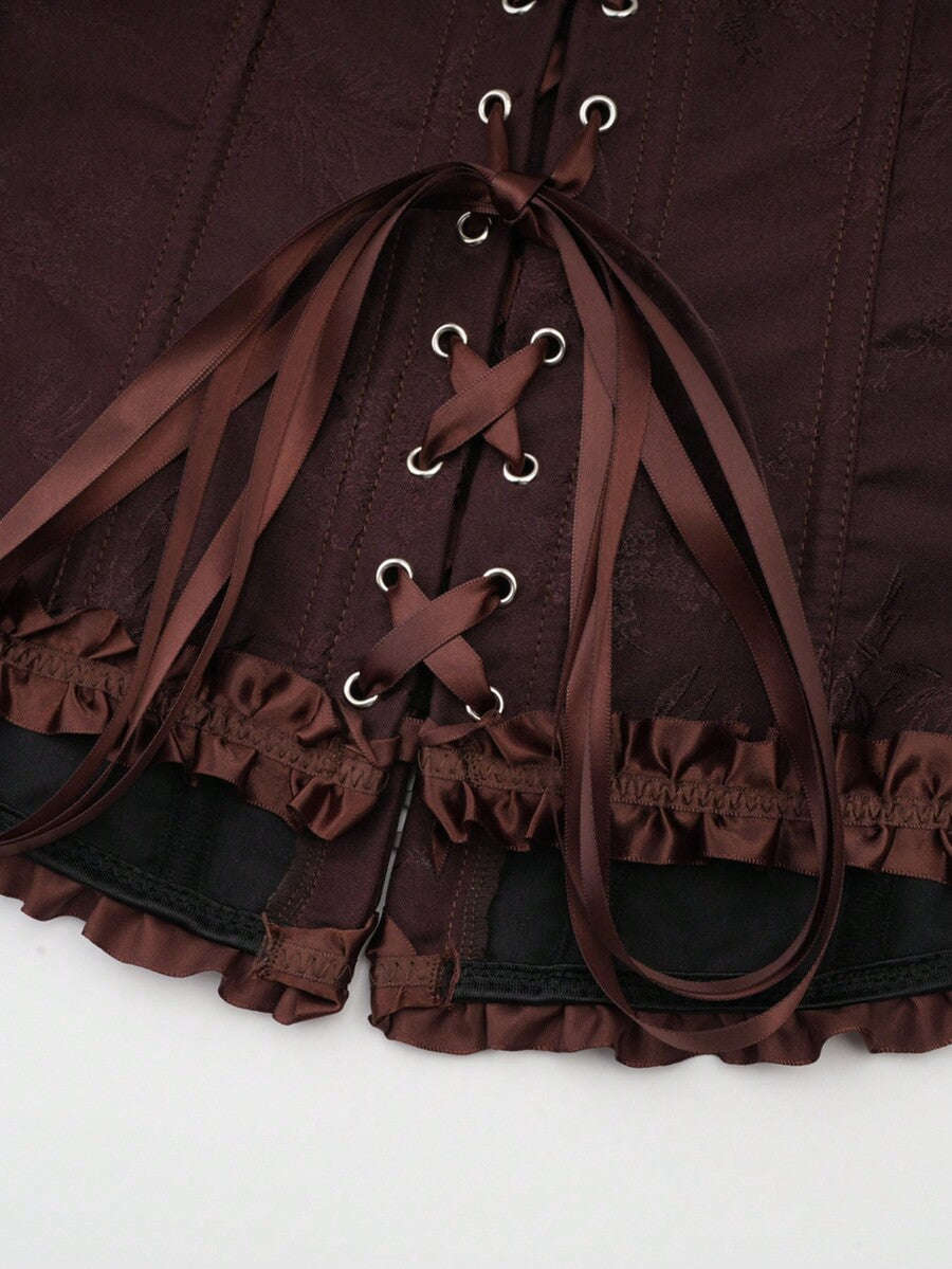 Women’s strapless corset bustier top with front button detail, lace-up back, frill accents, slim fit, and asymmetrical hem.