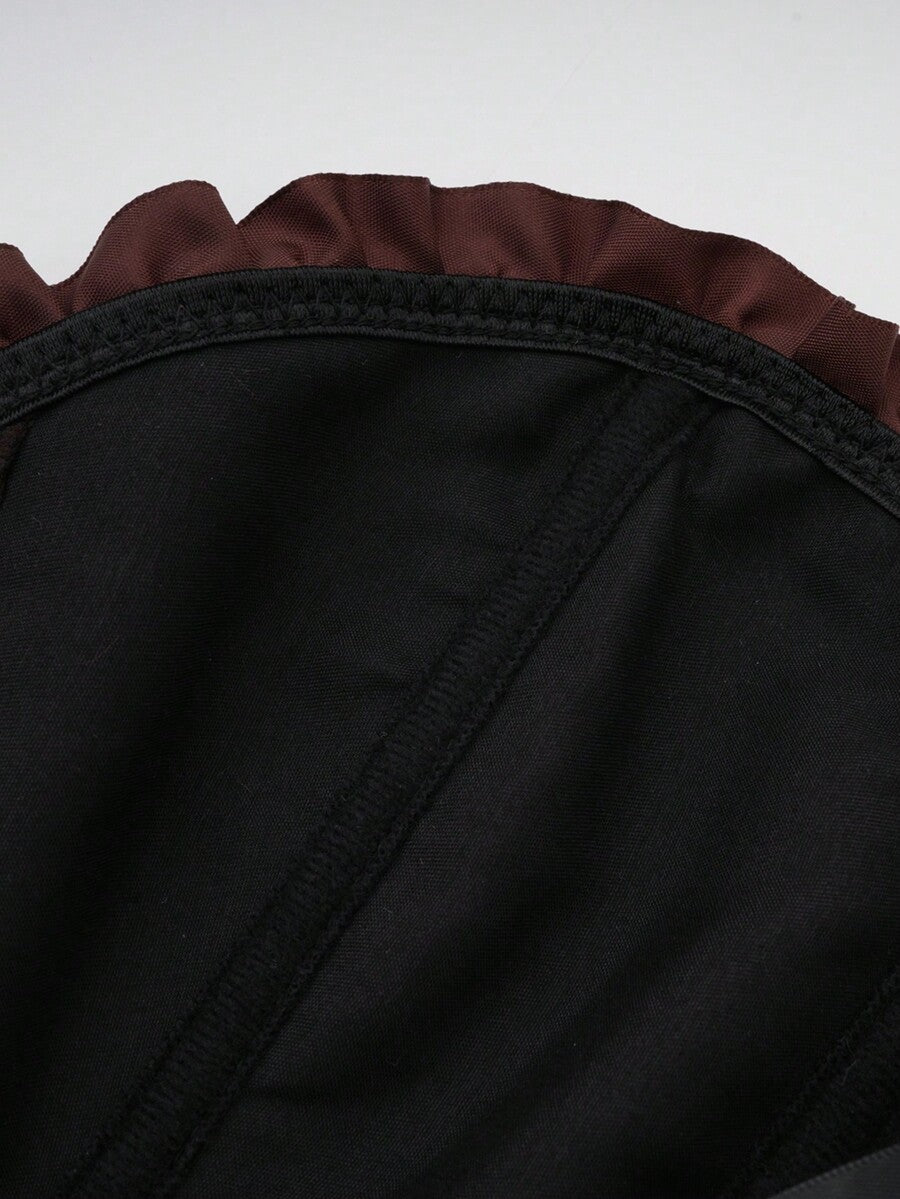 Women’s strapless corset bustier top with front button detail, lace-up back, frill accents, slim fit, and asymmetrical hem.