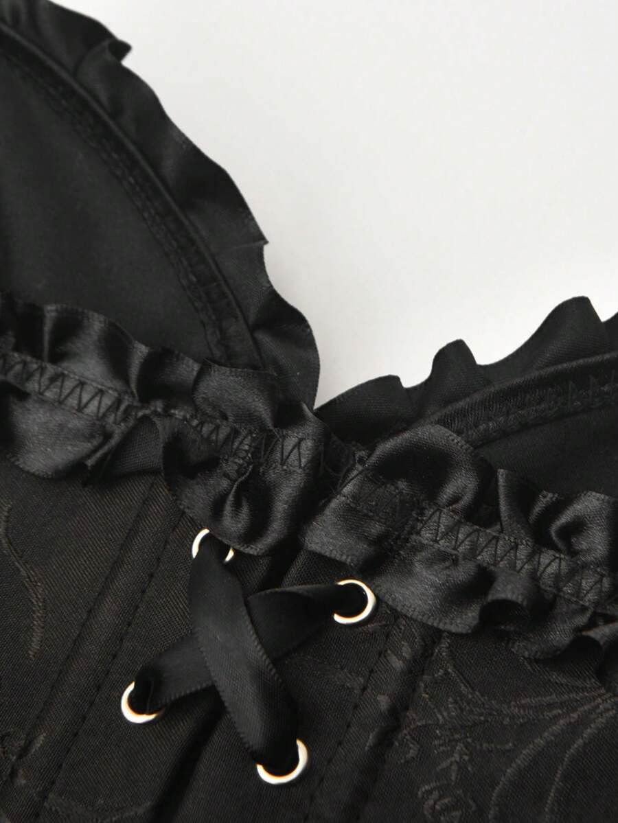 Women’s strapless corset bustier top with front button detail, lace-up back, frill accents, slim fit, and asymmetrical hem.