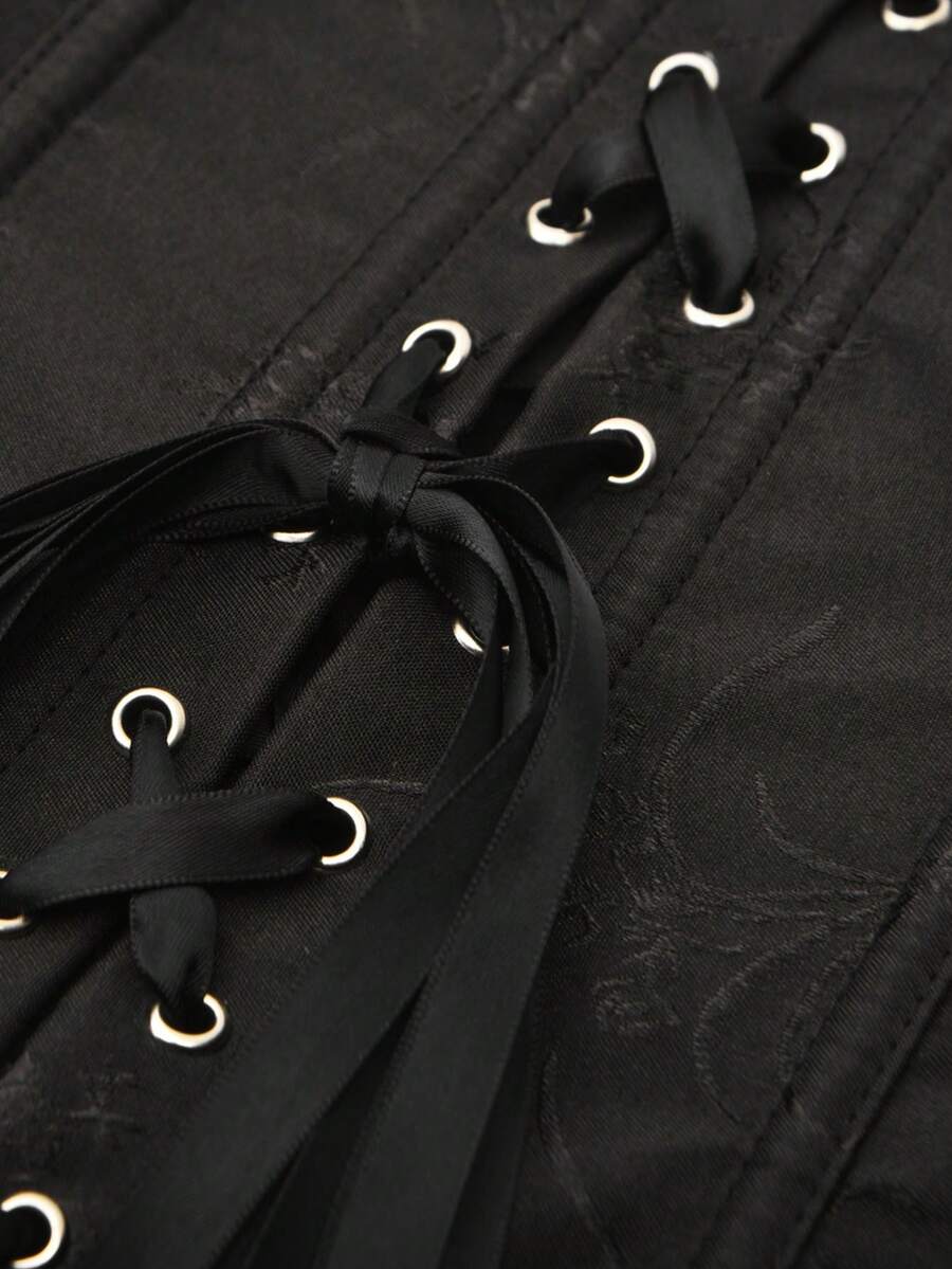 Women’s strapless corset bustier top with front button detail, lace-up back, frill accents, slim fit, and asymmetrical hem.