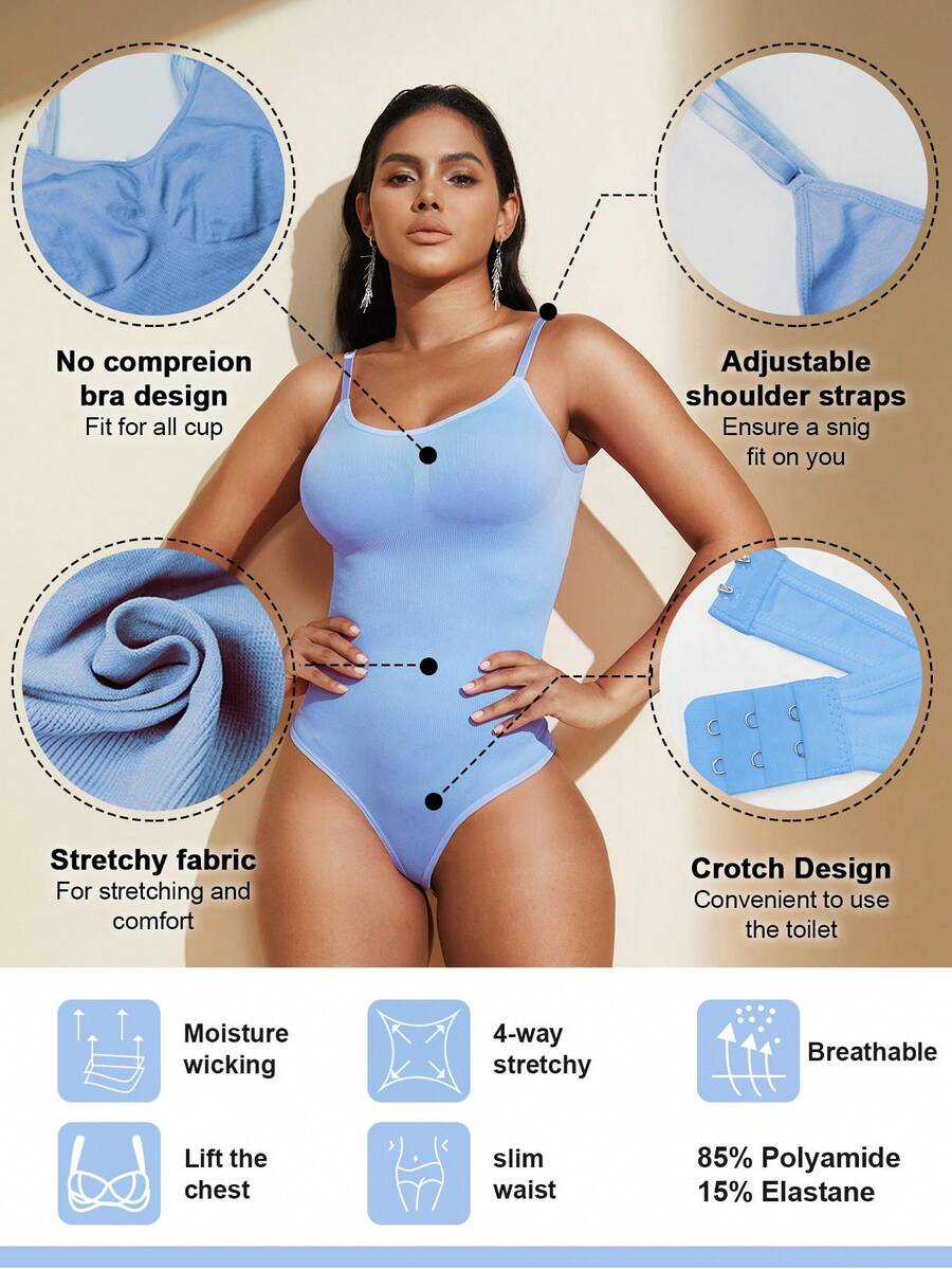 Brown seamless shapewear bodysuit featuring backless design, thong bottom, non-removable padding, and high-stretch fabric for tummy and waist control.