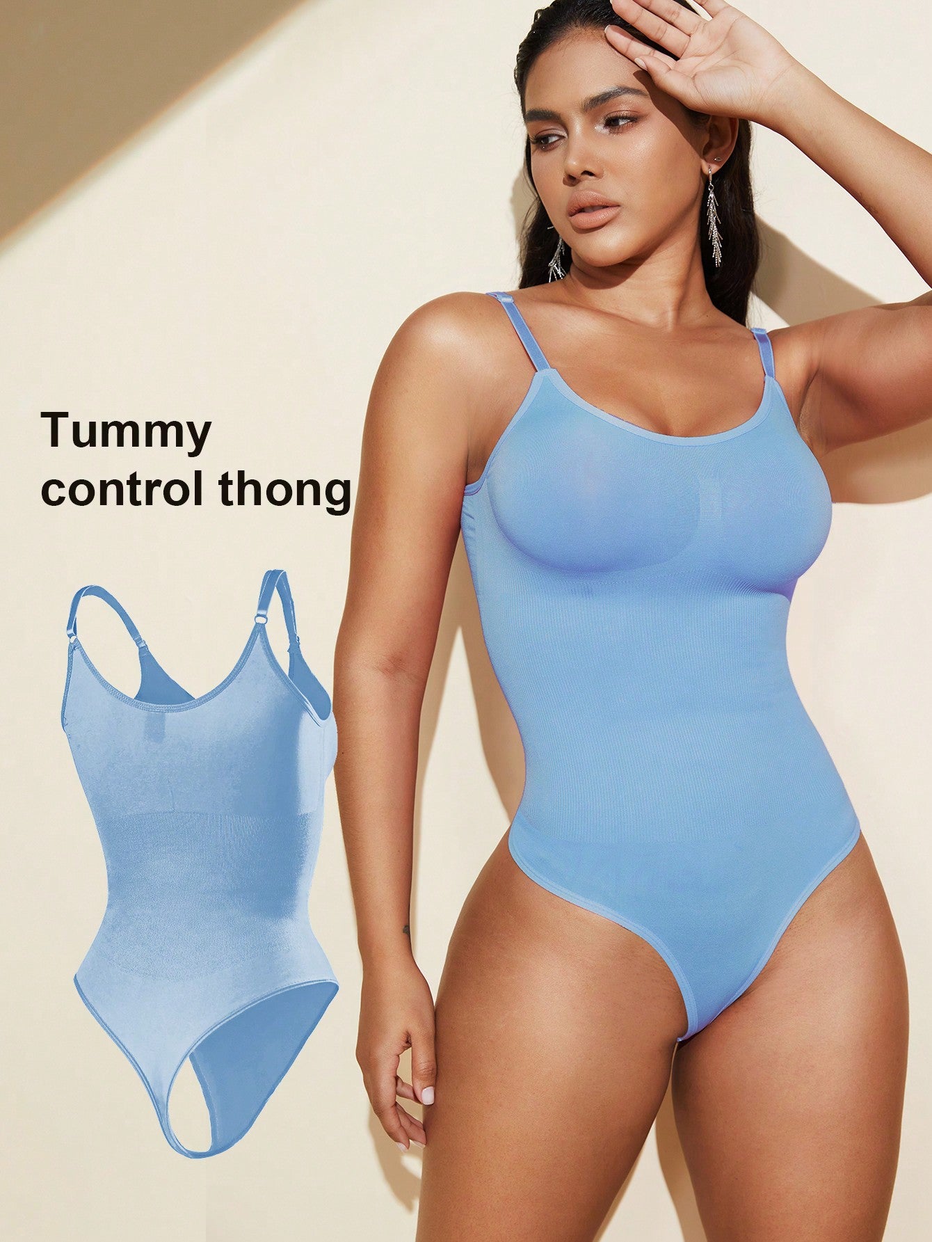 Brown seamless shapewear bodysuit featuring backless design, thong bottom, non-removable padding, and high-stretch fabric for tummy and waist control.