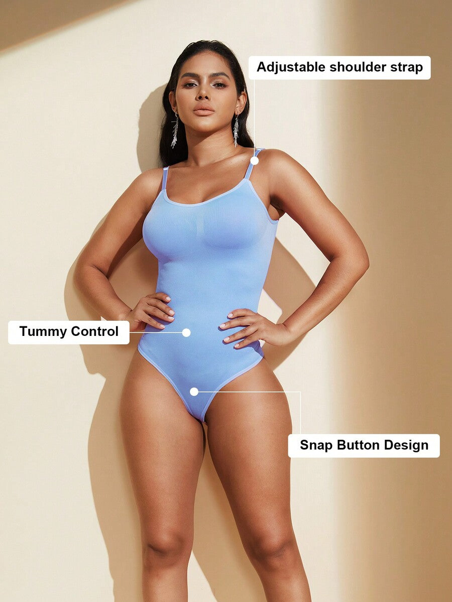 Brown seamless shapewear bodysuit featuring backless design, thong bottom, non-removable padding, and high-stretch fabric for tummy and waist control.