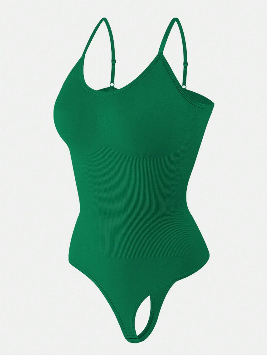 Brown seamless shapewear bodysuit featuring backless design, thong bottom, non-removable padding, and high-stretch fabric for tummy and waist control.