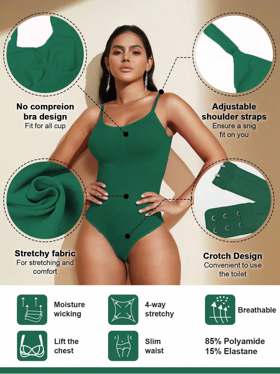 Brown seamless shapewear bodysuit featuring backless design, thong bottom, non-removable padding, and high-stretch fabric for tummy and waist control.
