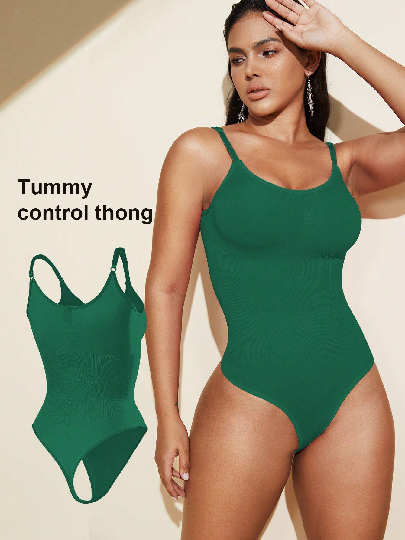 Brown seamless shapewear bodysuit featuring backless design, thong bottom, non-removable padding, and high-stretch fabric for tummy and waist control.