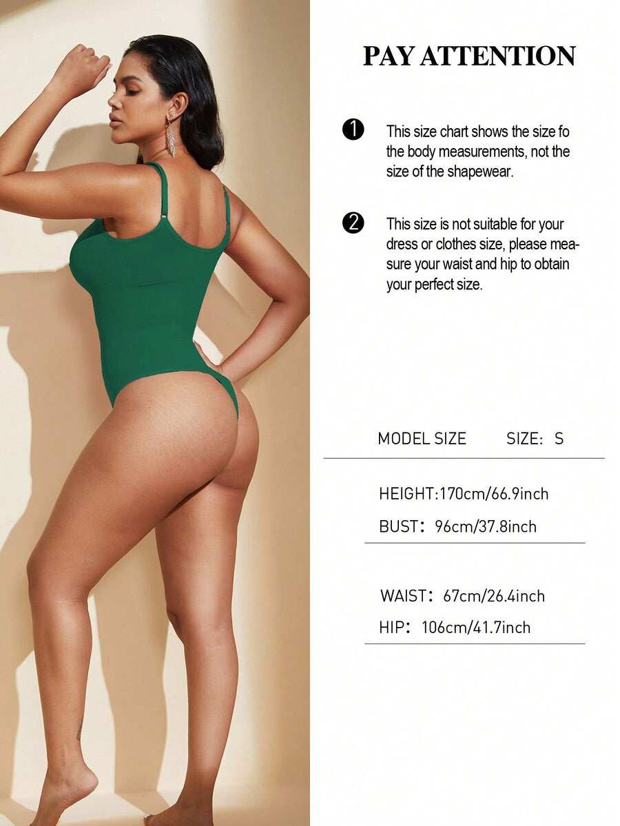 Brown seamless shapewear bodysuit featuring backless design, thong bottom, non-removable padding, and high-stretch fabric for tummy and waist control.