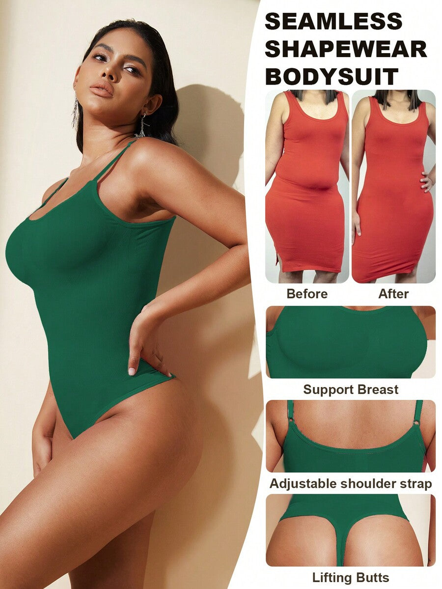 Brown seamless shapewear bodysuit featuring backless design, thong bottom, non-removable padding, and high-stretch fabric for tummy and waist control.