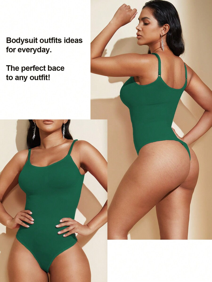 Brown seamless shapewear bodysuit featuring backless design, thong bottom, non-removable padding, and high-stretch fabric for tummy and waist control.