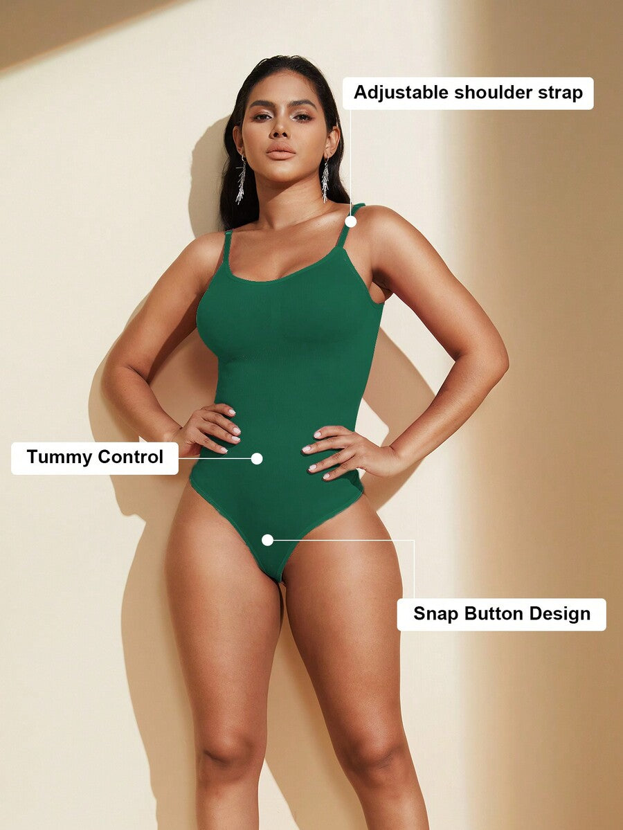 Brown seamless shapewear bodysuit featuring backless design, thong bottom, non-removable padding, and high-stretch fabric for tummy and waist control.