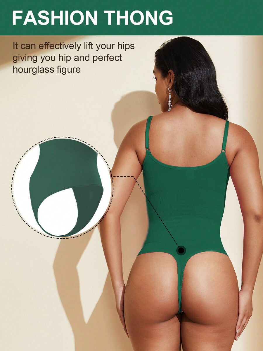 Brown seamless shapewear bodysuit featuring backless design, thong bottom, non-removable padding, and high-stretch fabric for tummy and waist control.