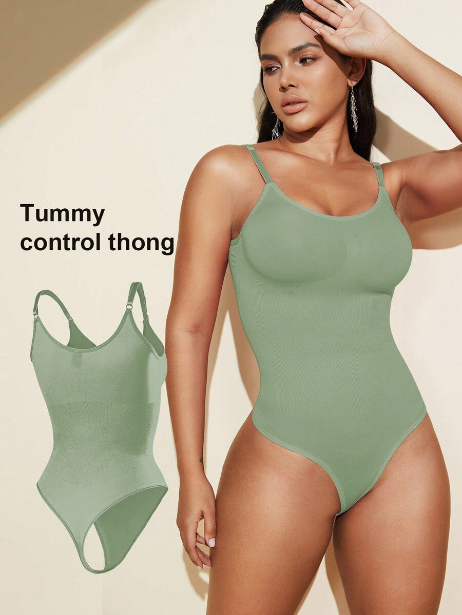 Brown seamless shapewear bodysuit featuring backless design, thong bottom, non-removable padding, and high-stretch fabric for tummy and waist control.