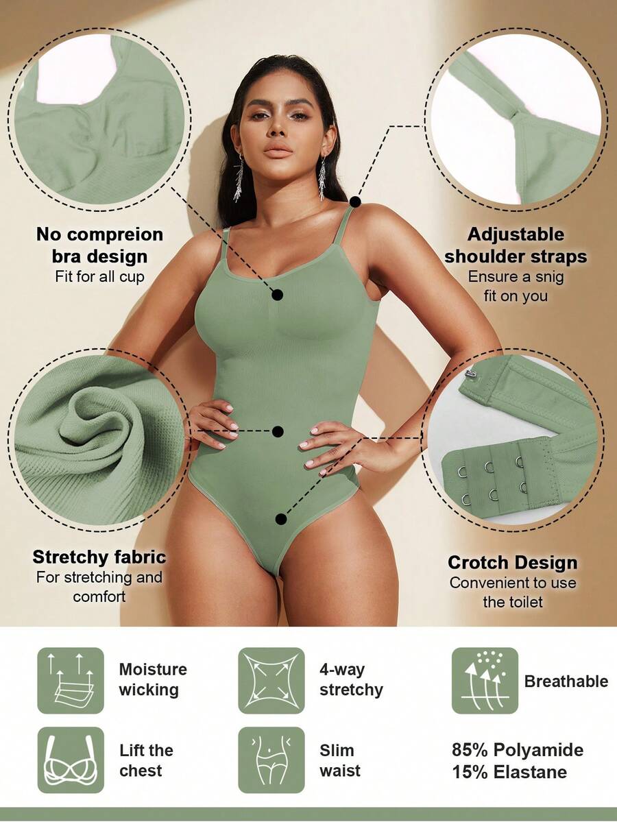 Brown seamless shapewear bodysuit featuring backless design, thong bottom, non-removable padding, and high-stretch fabric for tummy and waist control.